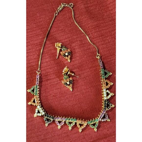 VTG Cleopatra Style Collar Beaded Statement Necklace, Ring & Earrings UNIQUE - Picture 6 of 9